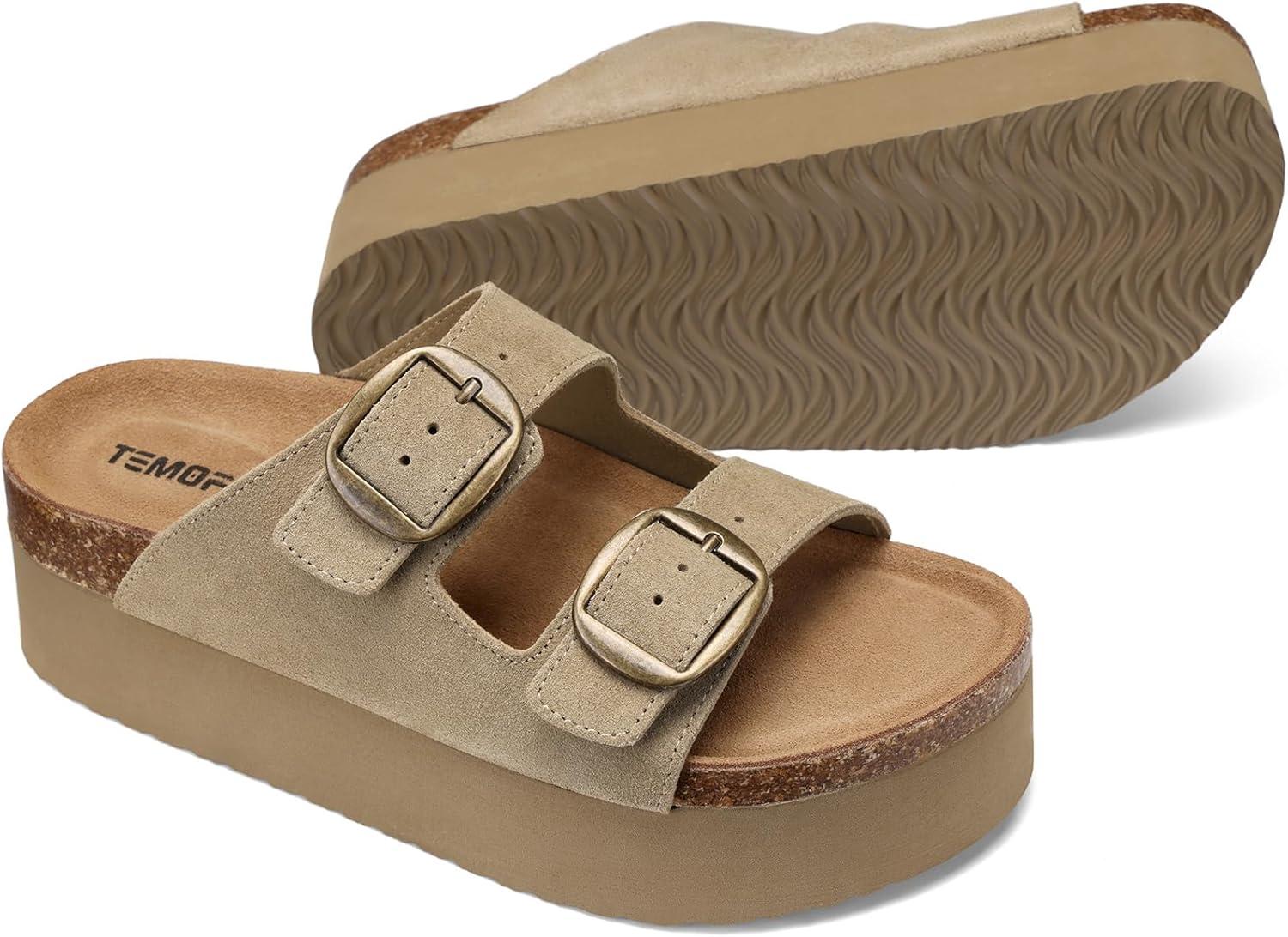 image:imageTEMOFON Platform Sandals Women Comfortable Arch Support Memory Foam Wedge Sandals Genuine Suede Cork Footbed Slip on Summer Beach Women Footwear 2026Camel