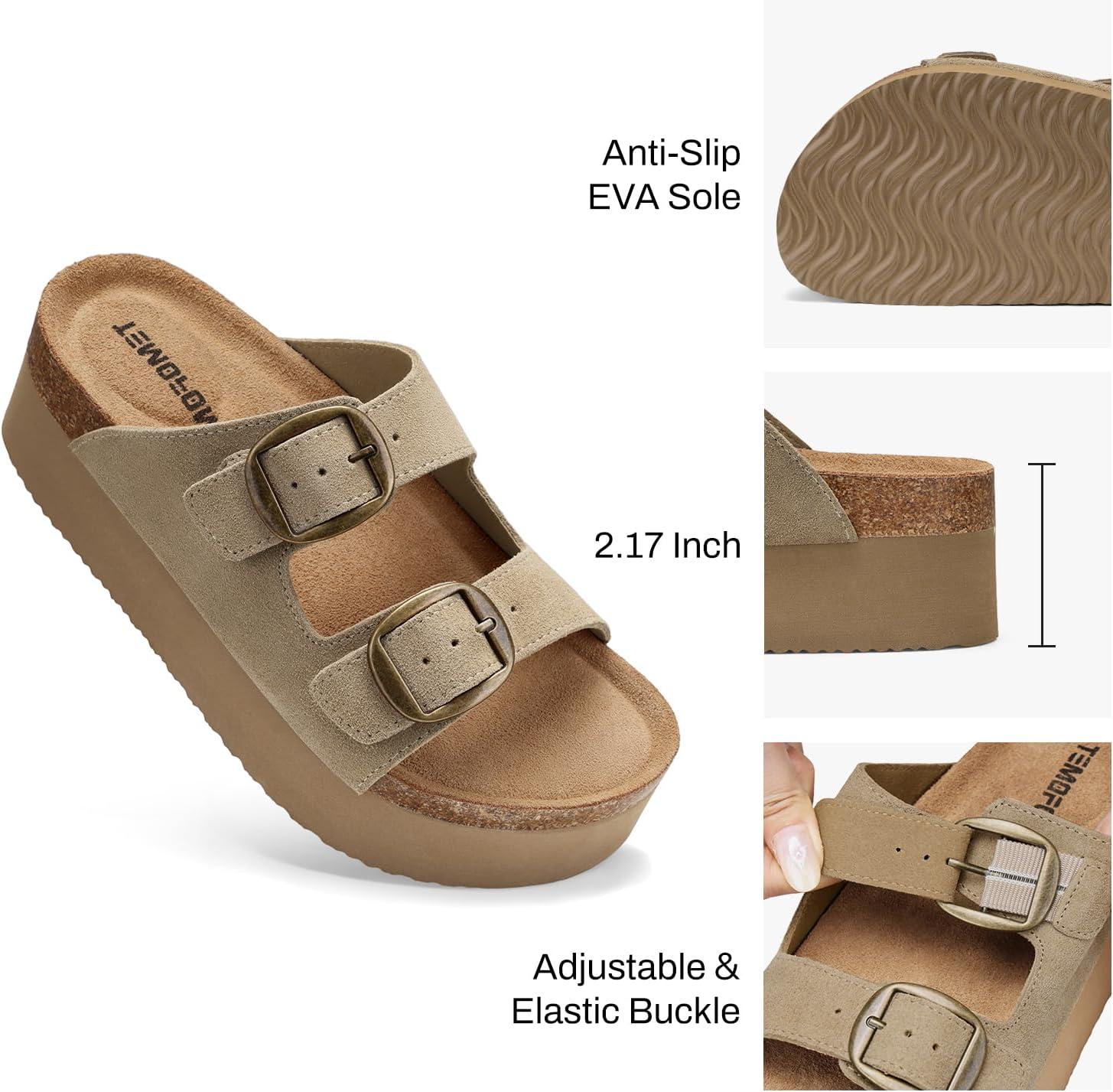 image:imageTEMOFON Platform Sandals Women Comfortable Arch Support Memory Foam Wedge Sandals Genuine Suede Cork Footbed Slip on Summer Beach Women Footwear 2026Camel