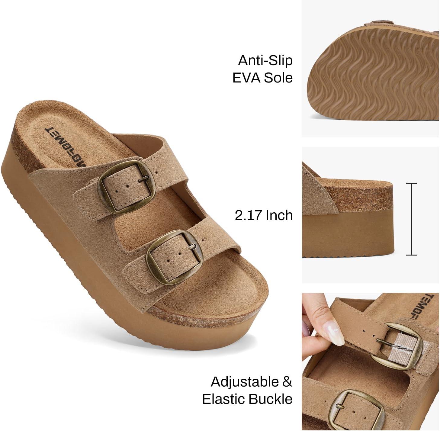 image:imageTEMOFON Platform Sandals Women Comfortable Arch Support Memory Foam Wedge Sandals Genuine Suede Cork Footbed Slip on Summer Beach Women Footwear 2026Light Brown