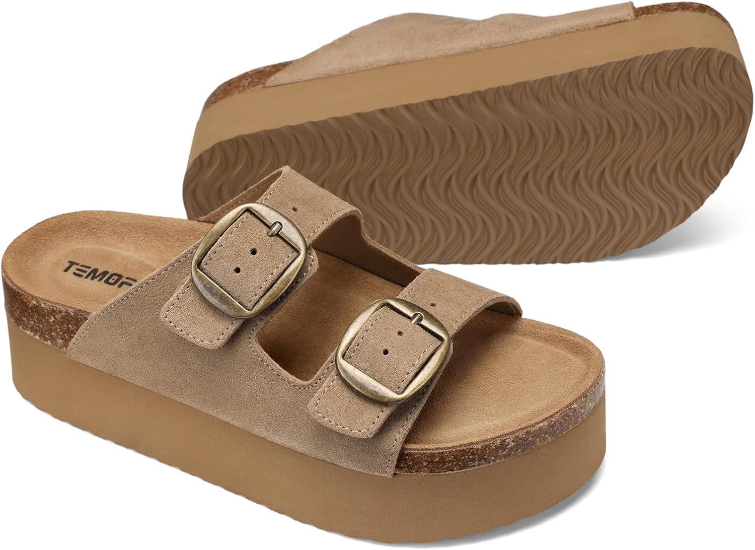 image:imageTEMOFON Platform Sandals Women Comfortable Arch Support Memory Foam Wedge Sandals Genuine Suede Cork Footbed Slip on Summer Beach Women Footwear 2026Light Brown