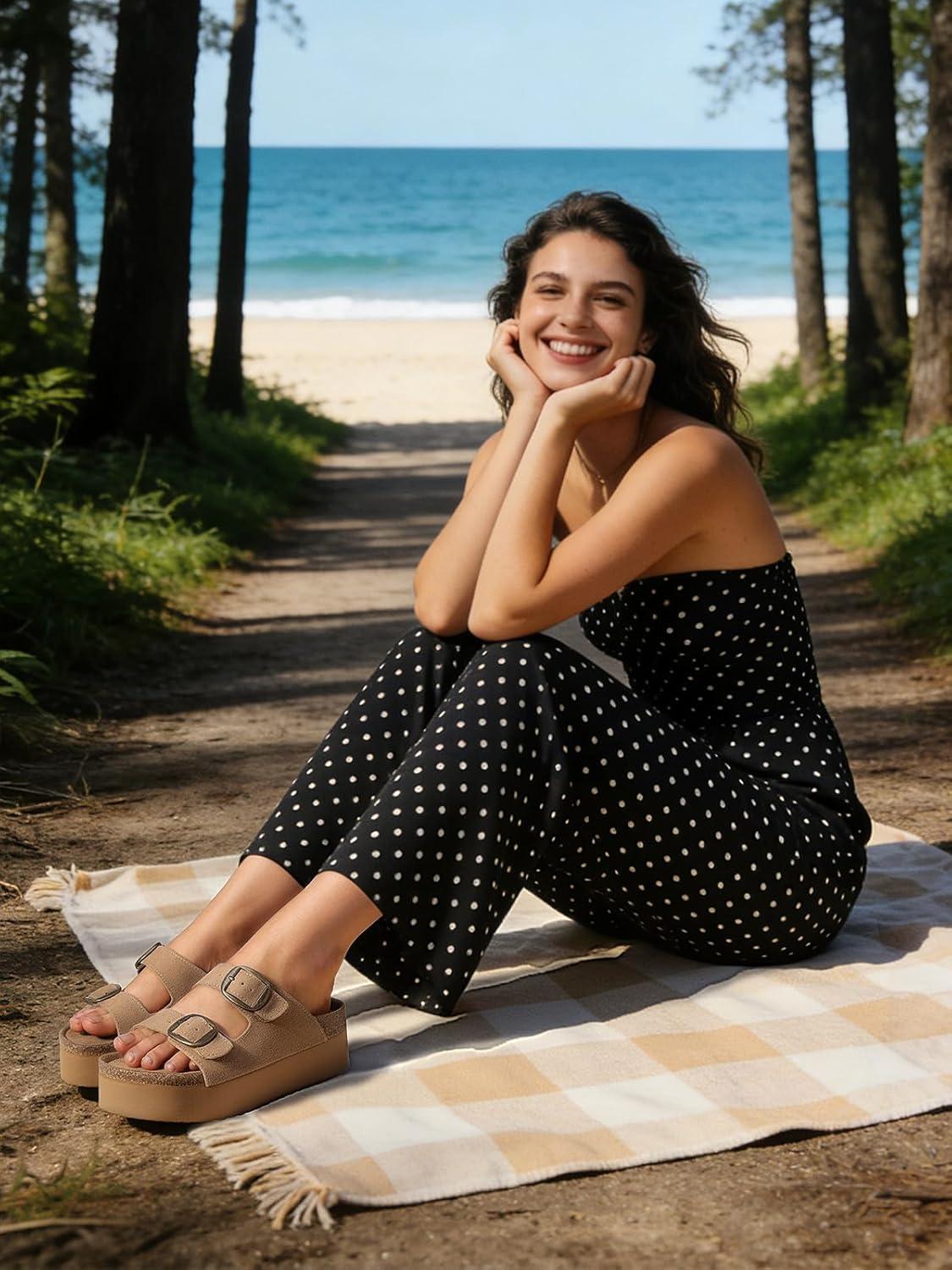 image:imageTEMOFON Platform Sandals Women Comfortable Arch Support Memory Foam Wedge Sandals Genuine Suede Cork Footbed Slip on Summer Beach Women Footwear 2026Light Brown