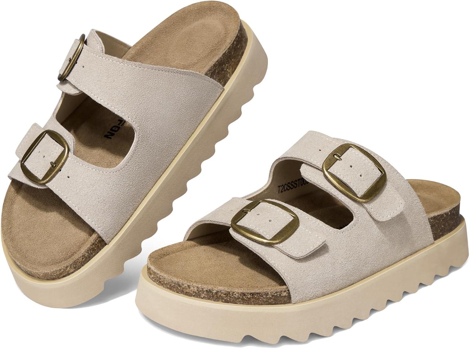 image:imageTEMOFON Womens Genuine Leather Platform Sandals Comfortable Wedge Chunky Heel Slides with Arch Support Cork Footbed amp Adjustable Buckle 2026 Summer Casual ShoesSand