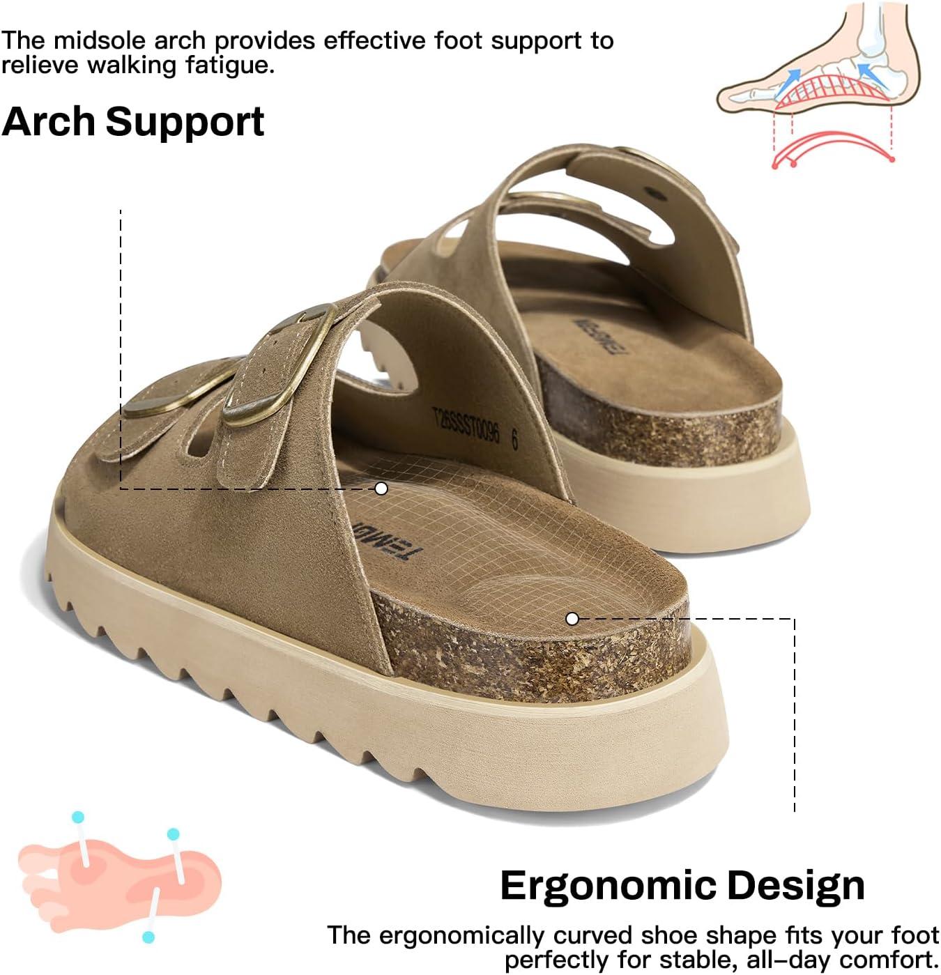 image:imageTEMOFON Womens Genuine Leather Platform Sandals Comfortable Wedge Chunky Heel Slides with Arch Support Cork Footbed amp Adjustable Buckle 2026 Summer Casual ShoesTaupe