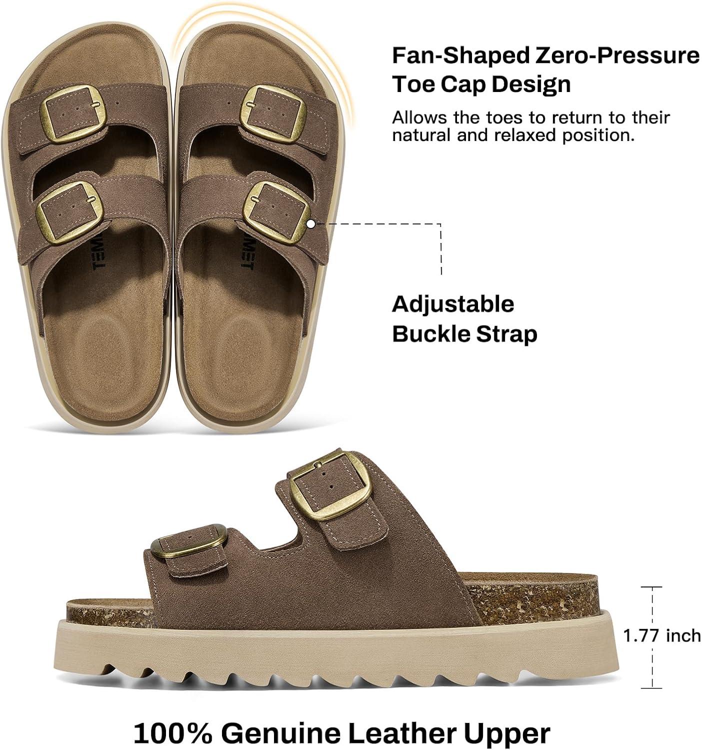 image:imageTEMOFON Womens Genuine Leather Platform Sandals Comfortable Wedge Chunky Heel Slides with Arch Support Cork Footbed amp Adjustable Buckle 2026 Summer Casual ShoesBrown