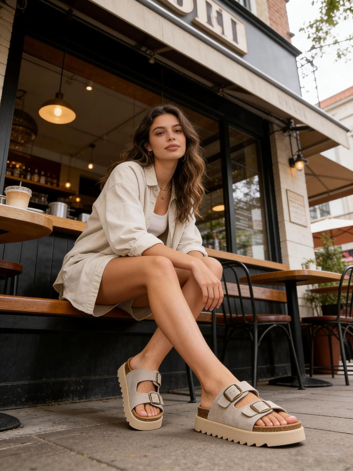 image:imageTEMOFON Womens Genuine Leather Platform Sandals Comfortable Wedge Chunky Heel Slides with Arch Support Cork Footbed amp Adjustable Buckle 2026 Summer Casual ShoesSand