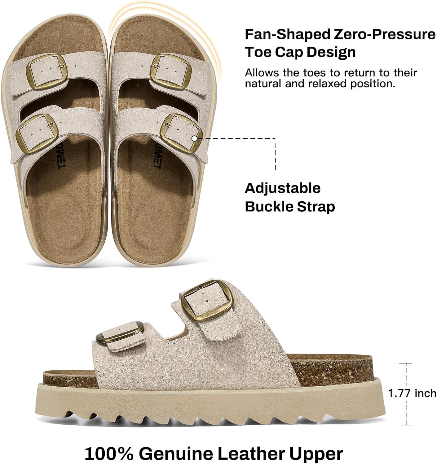 image:imageTEMOFON Womens Genuine Leather Platform Sandals Comfortable Wedge Chunky Heel Slides with Arch Support Cork Footbed amp Adjustable Buckle 2026 Summer Casual ShoesSand