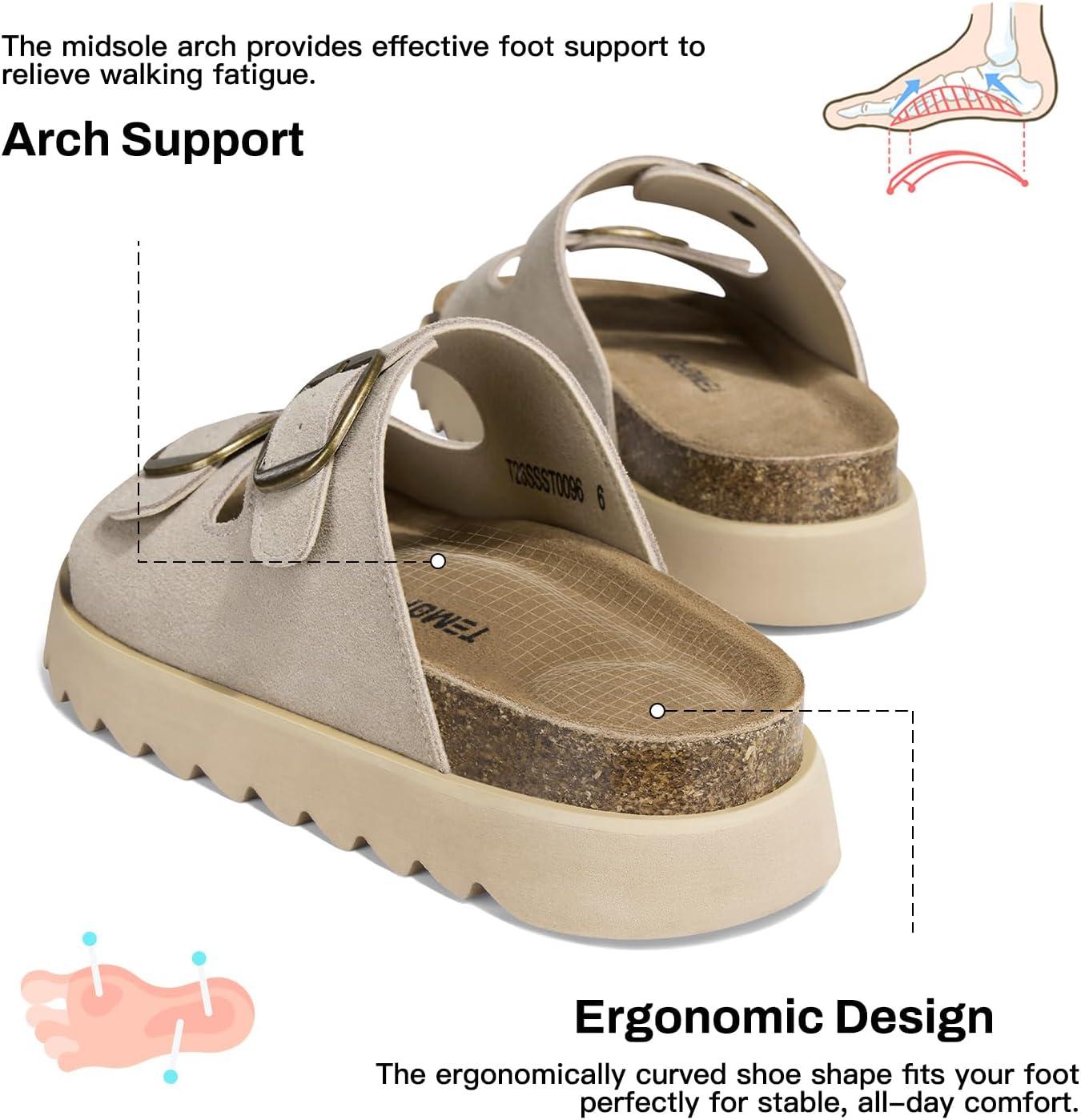 image:imageTEMOFON Womens Genuine Leather Platform Sandals Comfortable Wedge Chunky Heel Slides with Arch Support Cork Footbed amp Adjustable Buckle 2026 Summer Casual ShoesSand