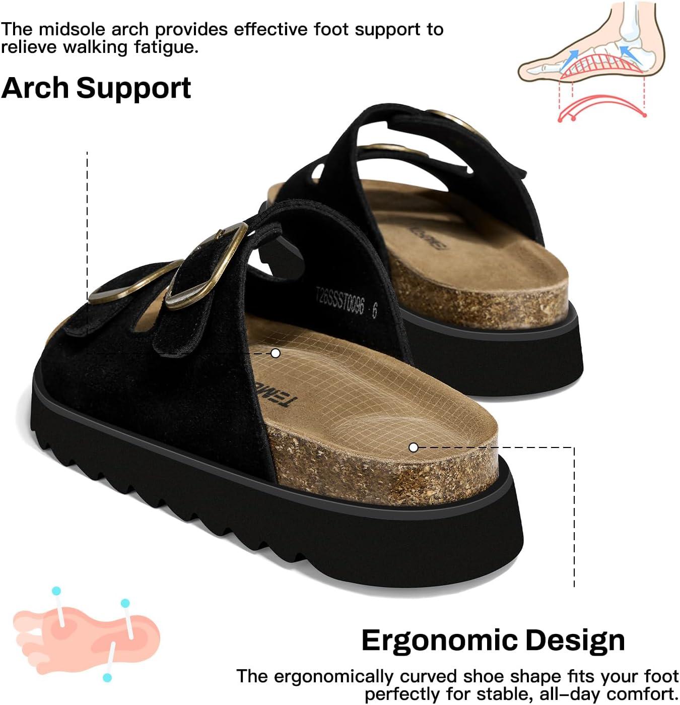 image:imageTEMOFON Womens Genuine Leather Platform Sandals Comfortable Wedge Chunky Heel Slides with Arch Support Cork Footbed amp Adjustable Buckle 2026 Summer Casual ShoesBlack