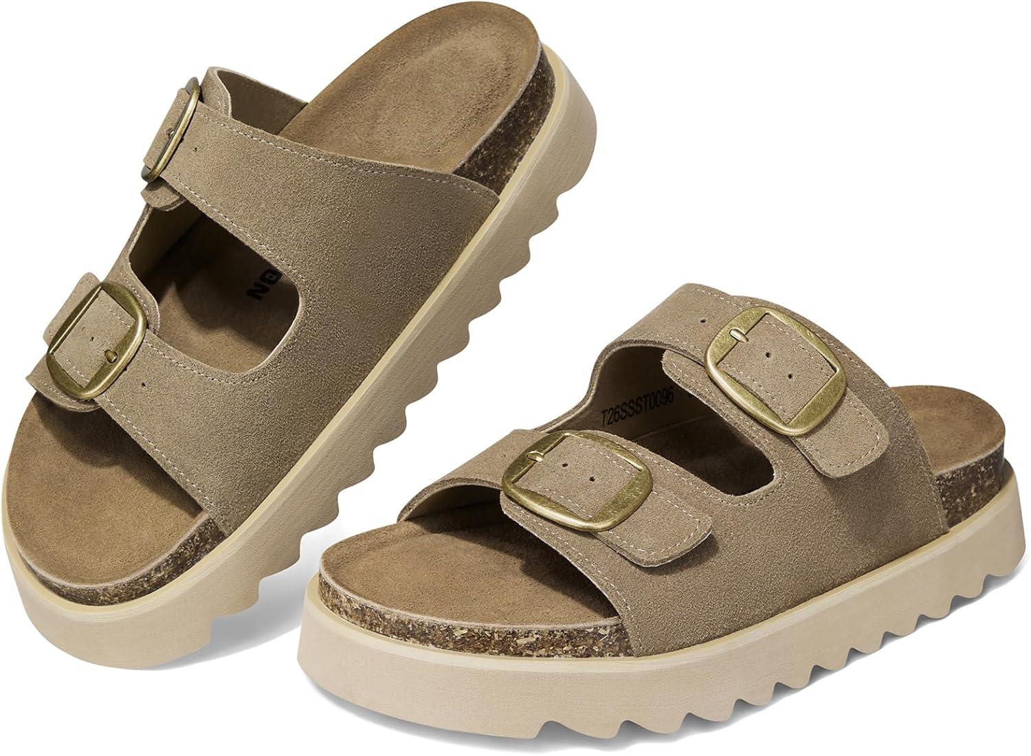 image:imageTEMOFON Womens Genuine Leather Platform Sandals Comfortable Wedge Chunky Heel Slides with Arch Support Cork Footbed amp Adjustable Buckle 2026 Summer Casual ShoesTaupe