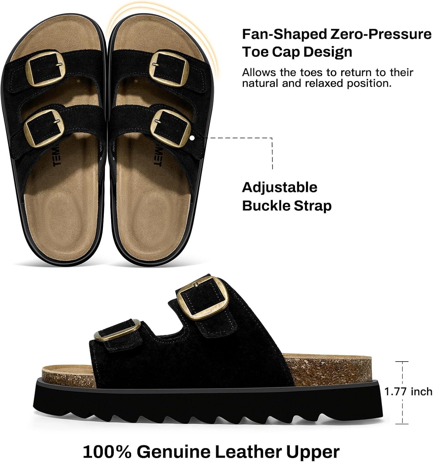 image:imageTEMOFON Womens Genuine Leather Platform Sandals Comfortable Wedge Chunky Heel Slides with Arch Support Cork Footbed amp Adjustable Buckle 2026 Summer Casual ShoesBlack