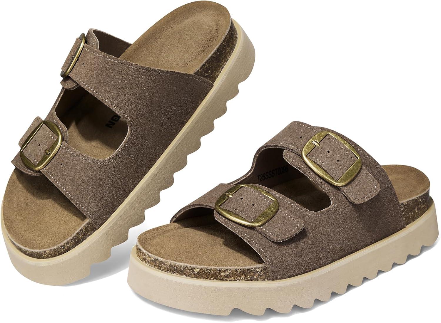 image:imageTEMOFON Womens Genuine Leather Platform Sandals Comfortable Wedge Chunky Heel Slides with Arch Support Cork Footbed amp Adjustable Buckle 2026 Summer Casual ShoesBrown