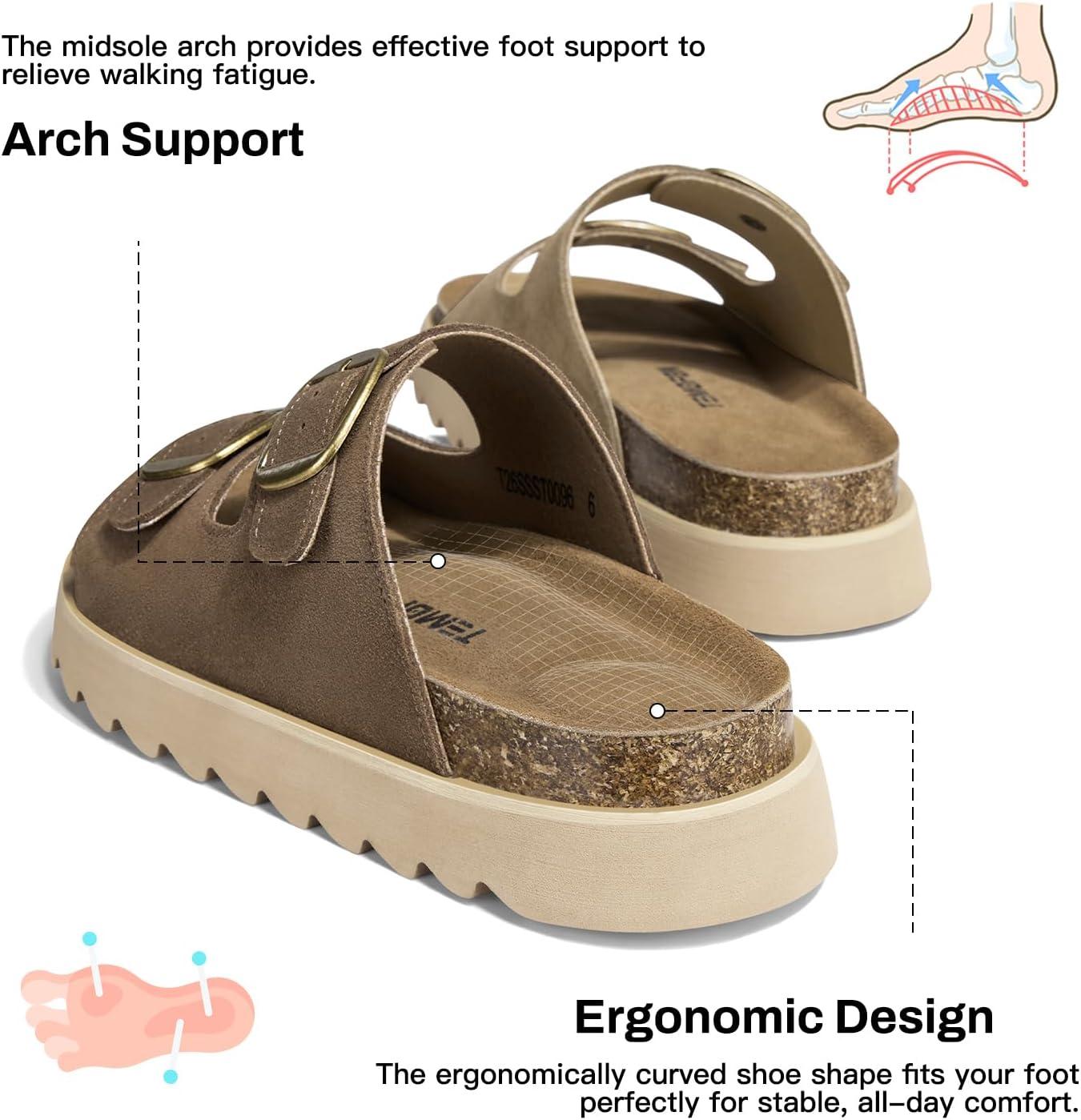 image:imageTEMOFON Womens Genuine Leather Platform Sandals Comfortable Wedge Chunky Heel Slides with Arch Support Cork Footbed amp Adjustable Buckle 2026 Summer Casual ShoesBrown