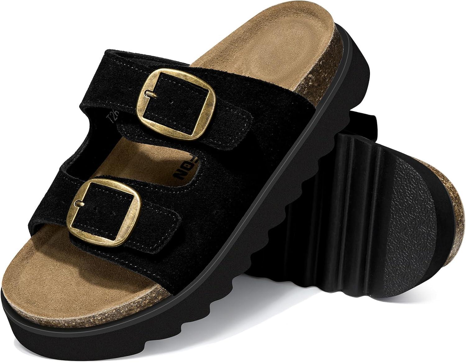 image:imageTEMOFON Womens Genuine Leather Platform Sandals Comfortable Wedge Chunky Heel Slides with Arch Support Cork Footbed amp Adjustable Buckle 2026 Summer Casual ShoesBlack