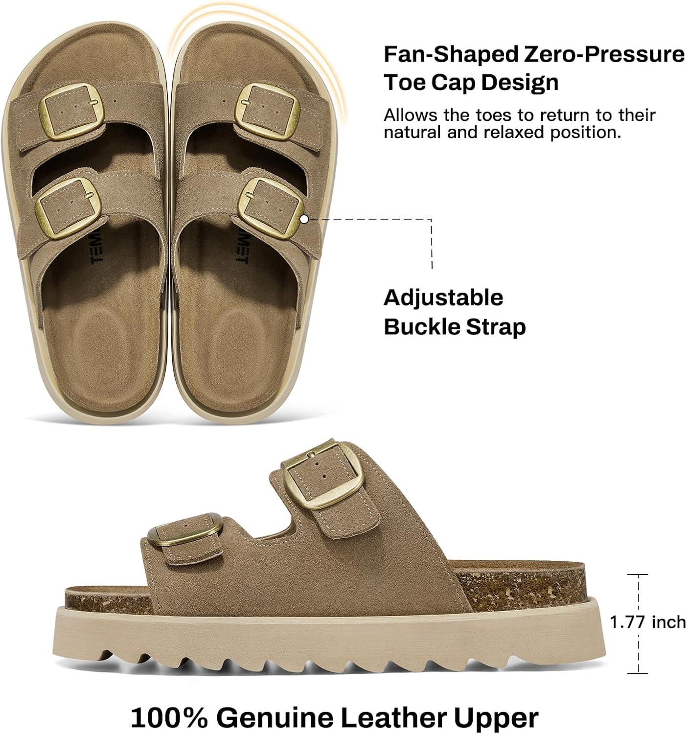 image:imageTEMOFON Womens Genuine Leather Platform Sandals Comfortable Wedge Chunky Heel Slides with Arch Support Cork Footbed amp Adjustable Buckle 2026 Summer Casual ShoesTaupe