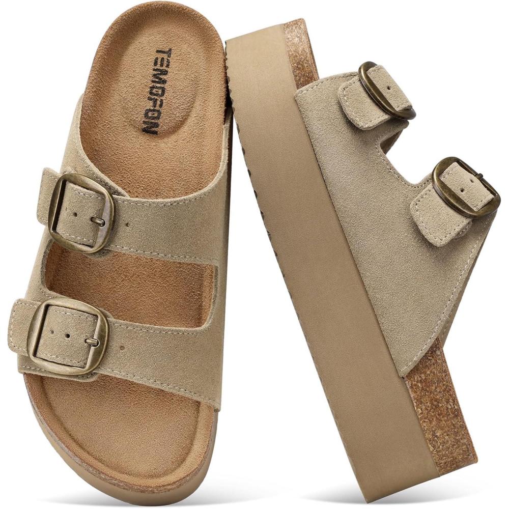 image:imageTEMOFON Platform Sandals Women Comfortable Arch Support Memory Foam Wedge Sandals Genuine Suede Cork Footbed Slip on Summer Beach Women Footwear 2026Camel