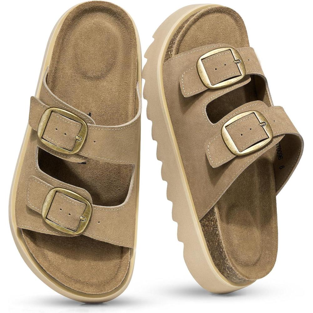 image:imageTEMOFON Womens Genuine Leather Platform Sandals Comfortable Wedge Chunky Heel Slides with Arch Support Cork Footbed amp Adjustable Buckle 2026 Summer Casual ShoesTaupe