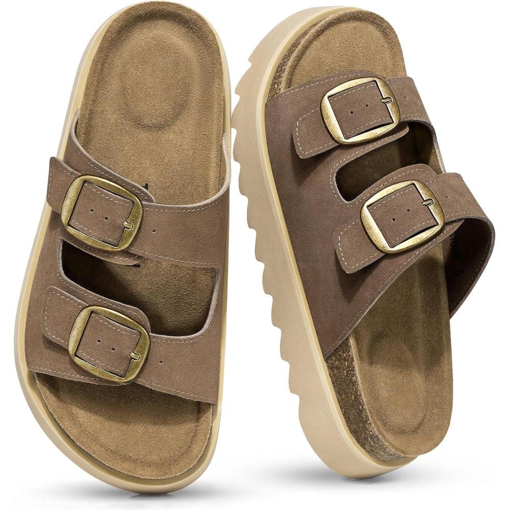 image:imageTEMOFON Womens Genuine Leather Platform Sandals Comfortable Wedge Chunky Heel Slides with Arch Support Cork Footbed amp Adjustable Buckle 2026 Summer Casual ShoesBrown
