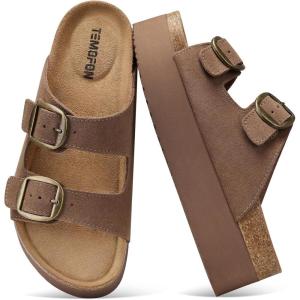 TEMOFON Platform Sandals Women Comfortable: Arch Support Memory Foam Wedge Sandals Genuine Suede Cork Footbed Slip on Summer Beach Women Footwear 2026(Brown)