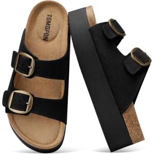 TEMOFON Platform Sandals Women Comfortable: Arch Support Memory Foam Wedge Sandals Genuine Suede Cork Footbed Slip on Summer Beach Women Footwear 2026(Black)