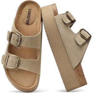 TEMOFON Platform Sandals Women Comfortable: Arch Support Memory Foam Wedge Sandals Genuine Suede Cork Footbed Slip on Summer Beach Women Footwear 2026(Camel)