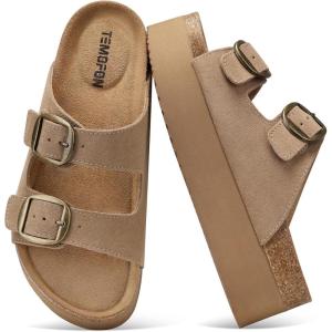 TEMOFON Platform Sandals Women Comfortable: Arch Support Memory Foam Wedge Sandals Genuine Suede Cork Footbed Slip on Summer Beach Women Footwear 2026(Light Brown)