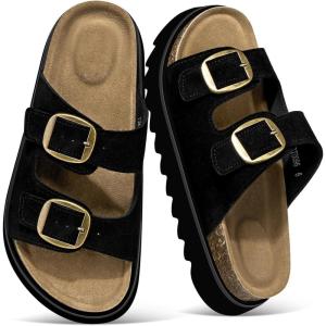 TEMOFON Women’s Genuine Leather Platform Sandals Comfortable Wedge Chunky Heel Slides with Arch Support, Cork Footbed & Adjustable Buckle, 2026 Summer Casual Shoes(Black)