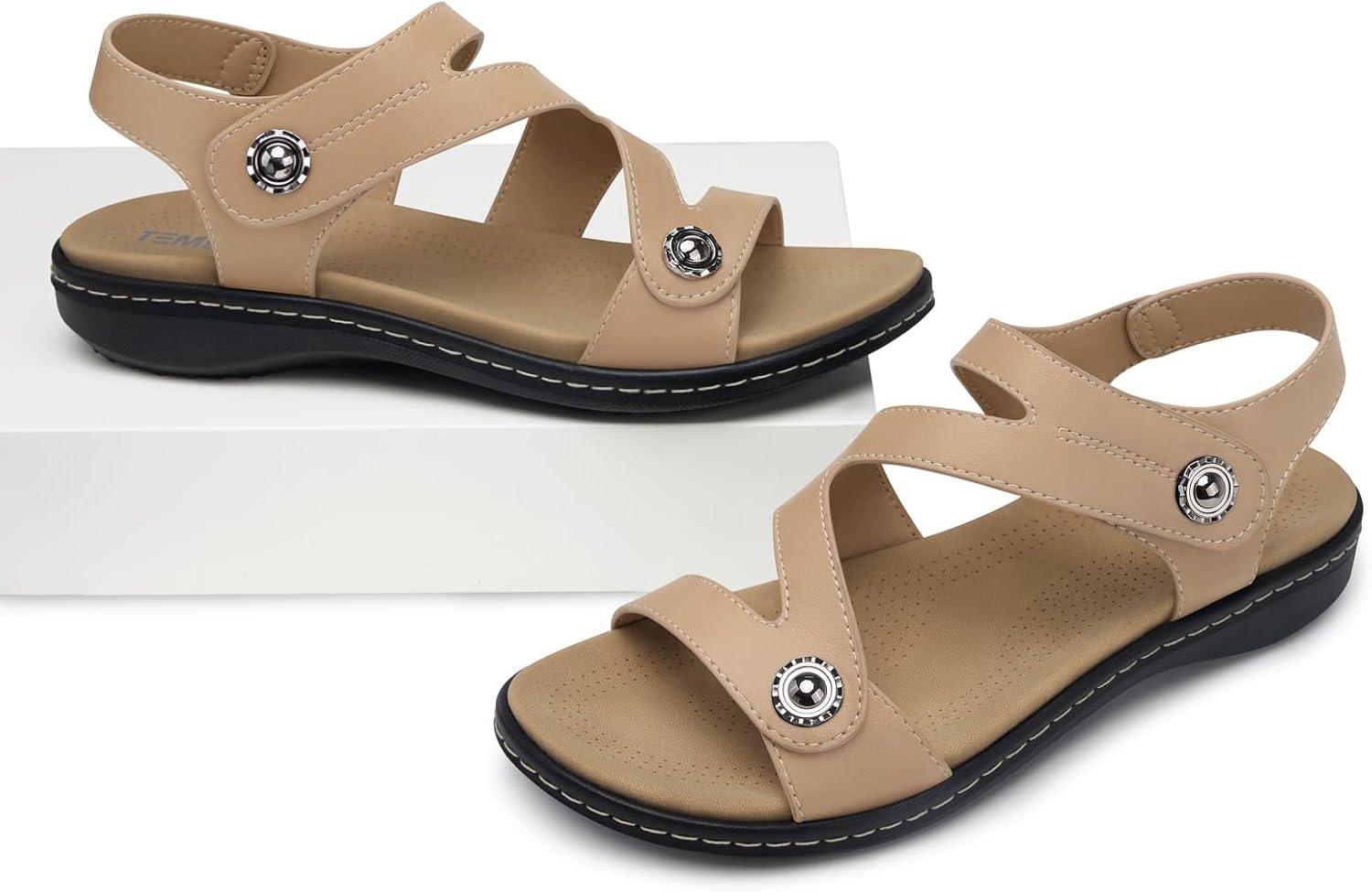 image:imageTEMOFON Womens Sandals Dressy Summer Open Toe Comfortable Walking Flat Arch Support Flat Sandals Size 51130beige