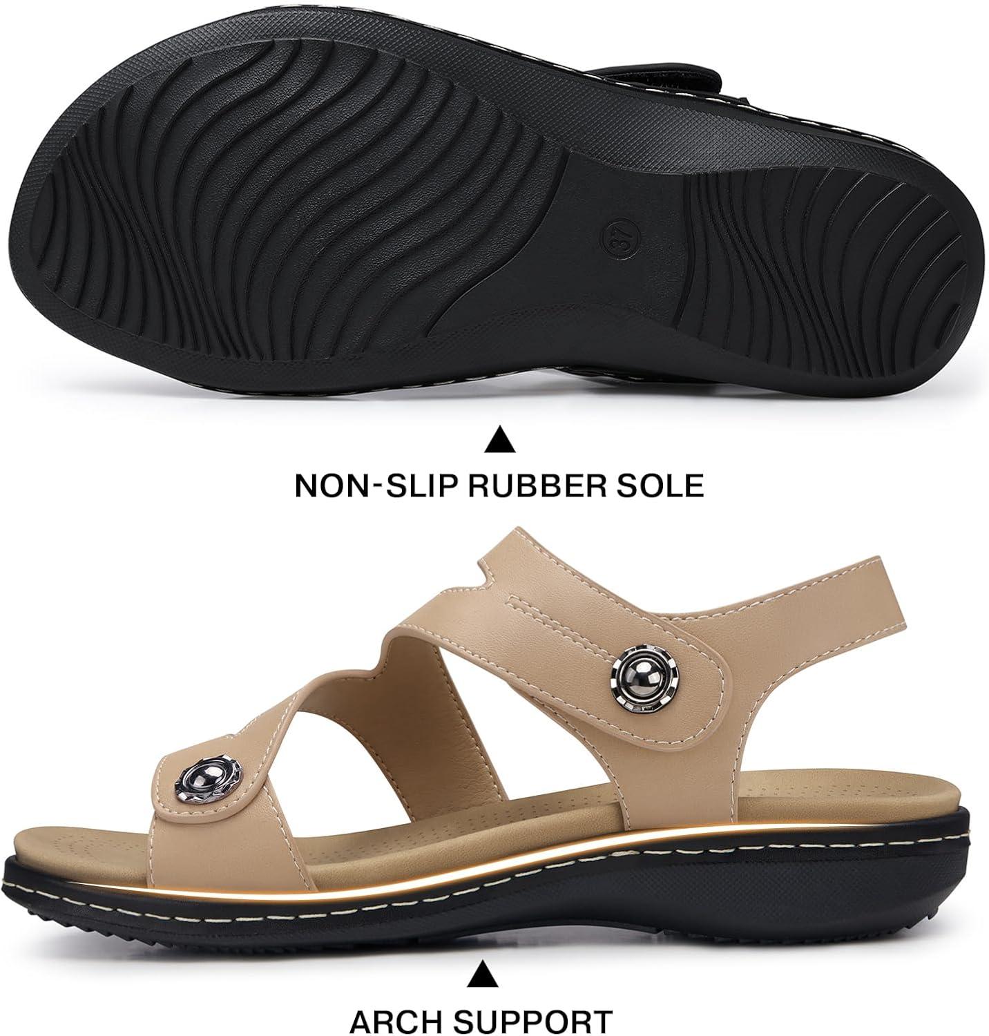 image:imageTEMOFON Womens Sandals Dressy Summer Open Toe Comfortable Walking Flat Arch Support Flat Sandals Size 51130beige