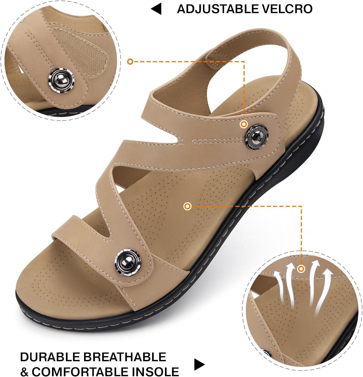image:imageTEMOFON Womens Sandals Dressy Summer Open Toe Comfortable Walking Flat Arch Support Flat Sandals Size 51130beige
