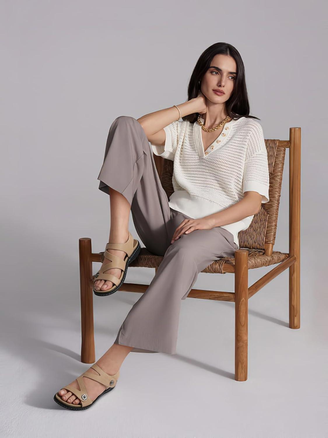 image:imageTEMOFON Womens Sandals Dressy Summer Open Toe Comfortable Walking Flat Arch Support Flat Sandals Size 51130beige