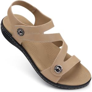 TEMOFON Womens Sandals Dressy Summer: Open Toe Comfortable Walking Flat – Arch Support Flat Sandals Size 5-11(30-beige)