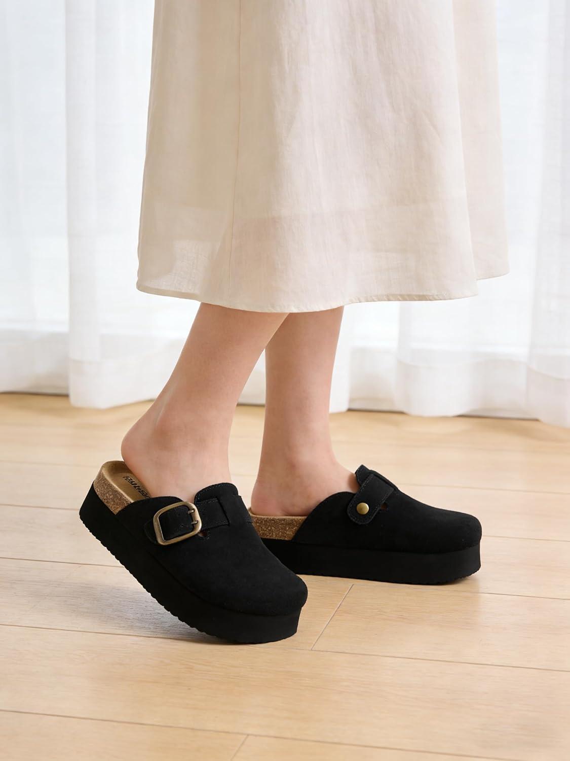 image:imageTEMOFON Genuine Suede Clogs for Women Comfortable Leather Platform Mules amp Clogs for Women Footwear Cork Footbed Closed Toe Sandals Potato Shoes84black