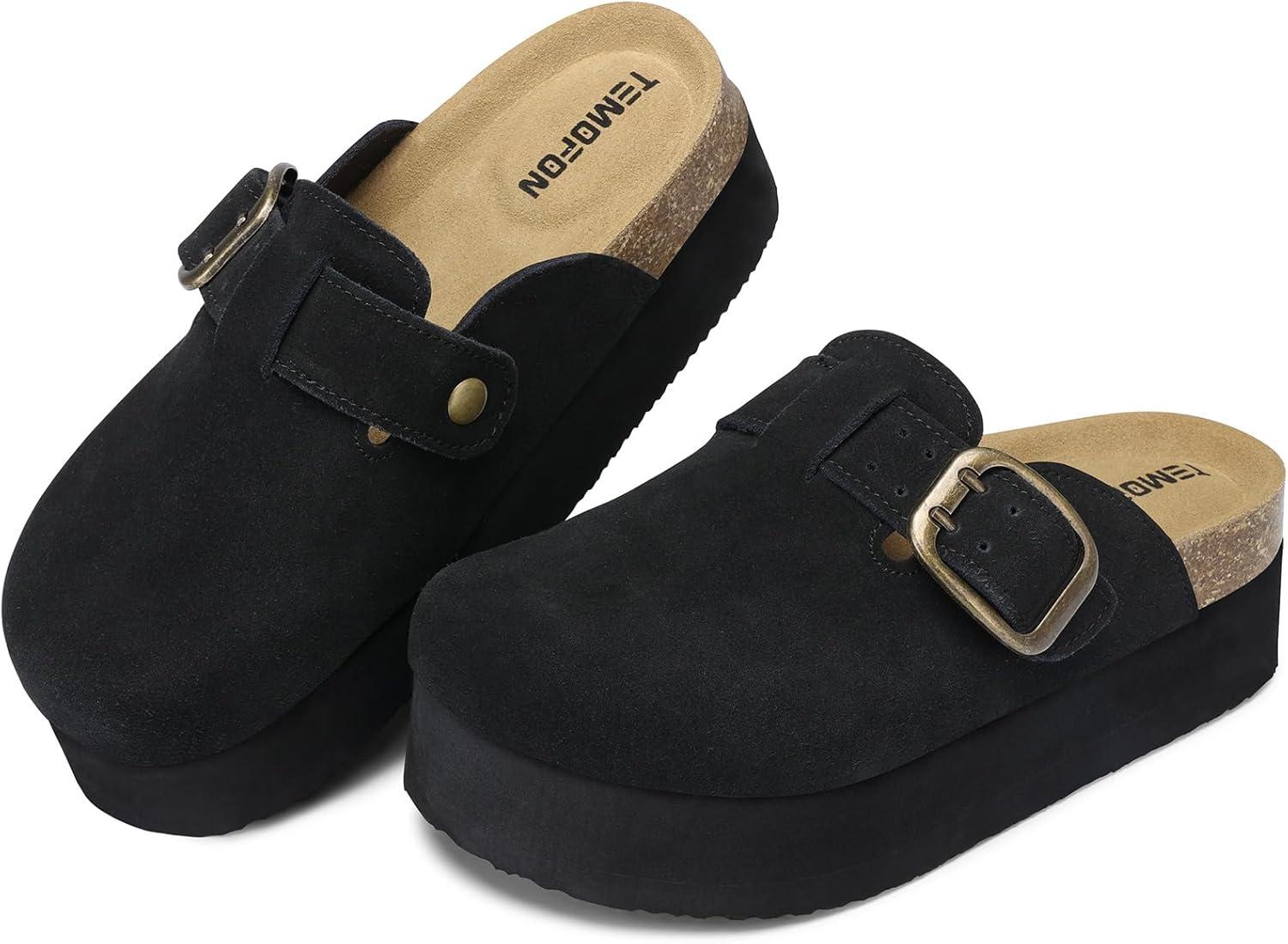 image:imageTEMOFON Genuine Suede Clogs for Women Comfortable Leather Platform Mules amp Clogs for Women Footwear Cork Footbed Closed Toe Sandals Potato Shoes84black
