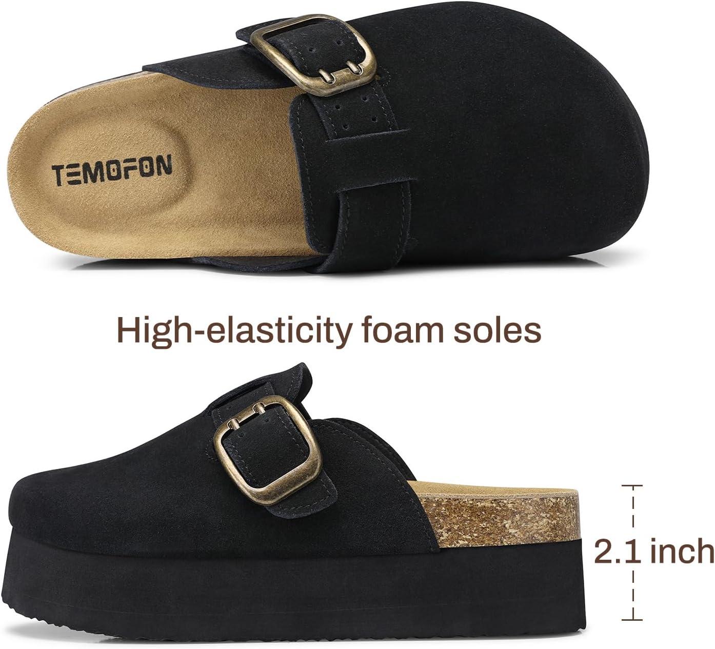 image:imageTEMOFON Genuine Suede Clogs for Women Comfortable Leather Platform Mules amp Clogs for Women Footwear Cork Footbed Closed Toe Sandals Potato Shoes84black