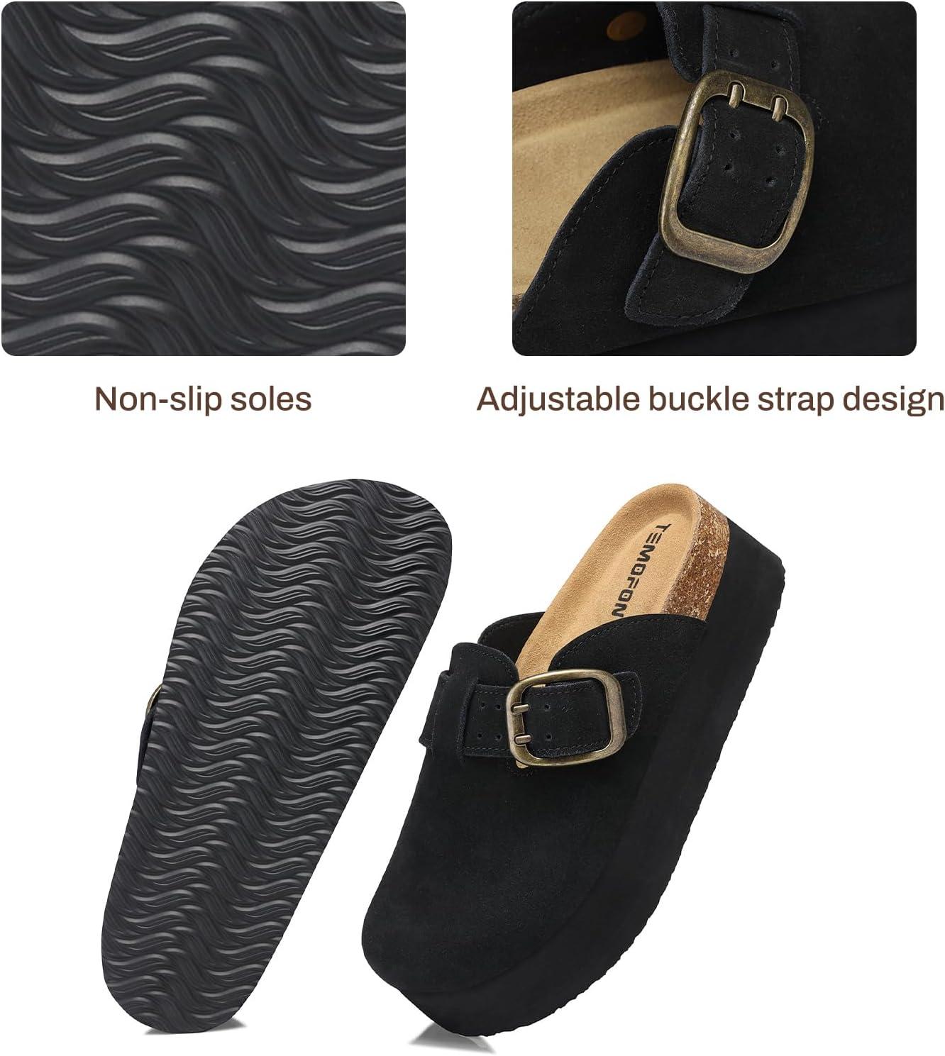 image:imageTEMOFON Genuine Suede Clogs for Women Comfortable Leather Platform Mules amp Clogs for Women Footwear Cork Footbed Closed Toe Sandals Potato Shoes84black