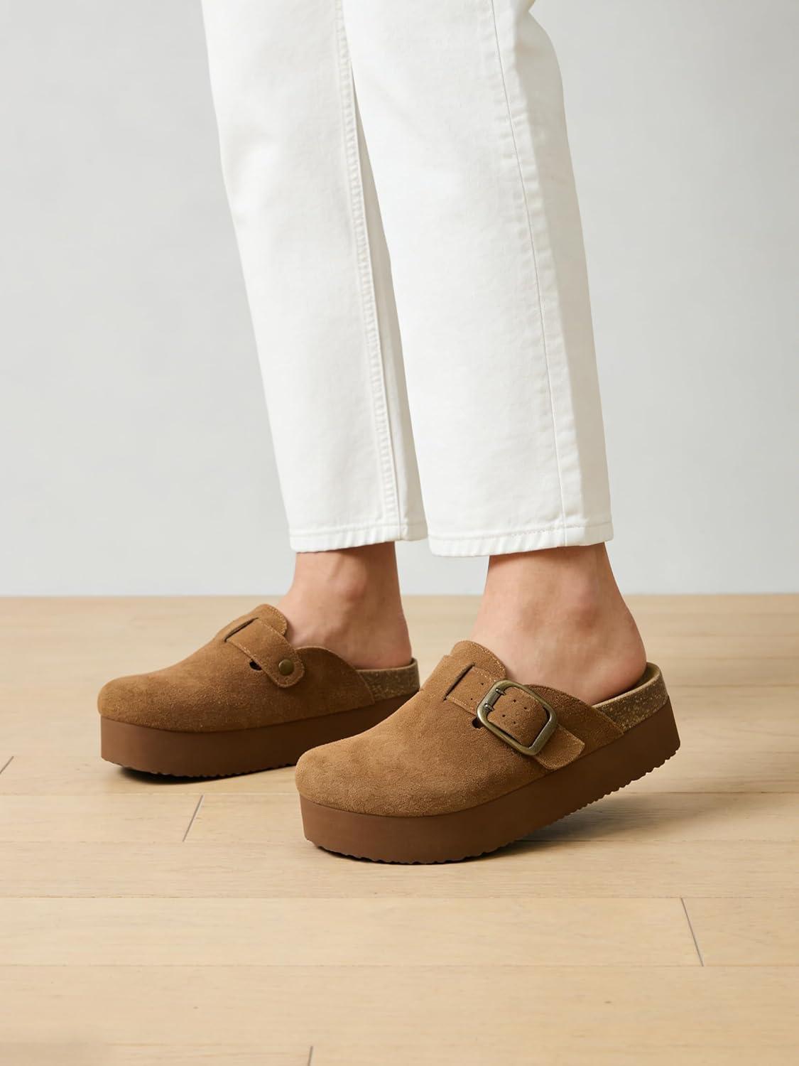 image:imageTEMOFON Genuine Suede Clogs for Women Comfortable Leather Platform Mules amp Clogs for Women Footwear Cork Footbed Closed Toe Sandals Potato Shoes84darkbrown