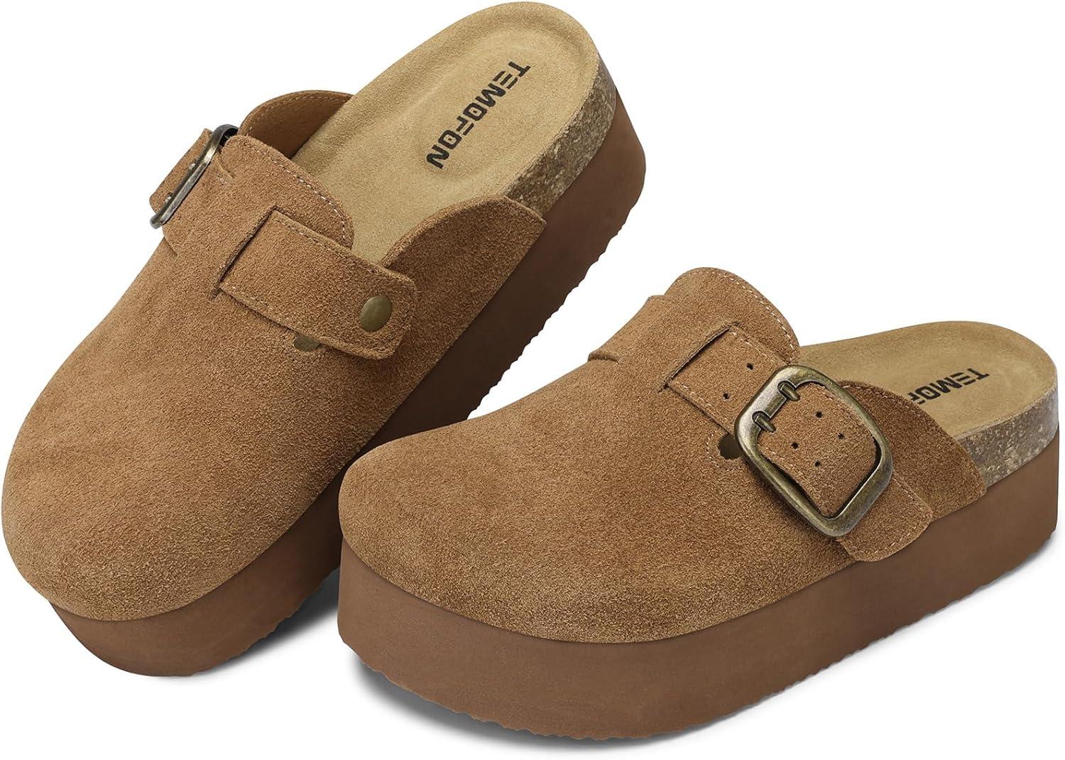 image:imageTEMOFON Genuine Suede Clogs for Women Comfortable Leather Platform Mules amp Clogs for Women Footwear Cork Footbed Closed Toe Sandals Potato Shoes84darkbrown