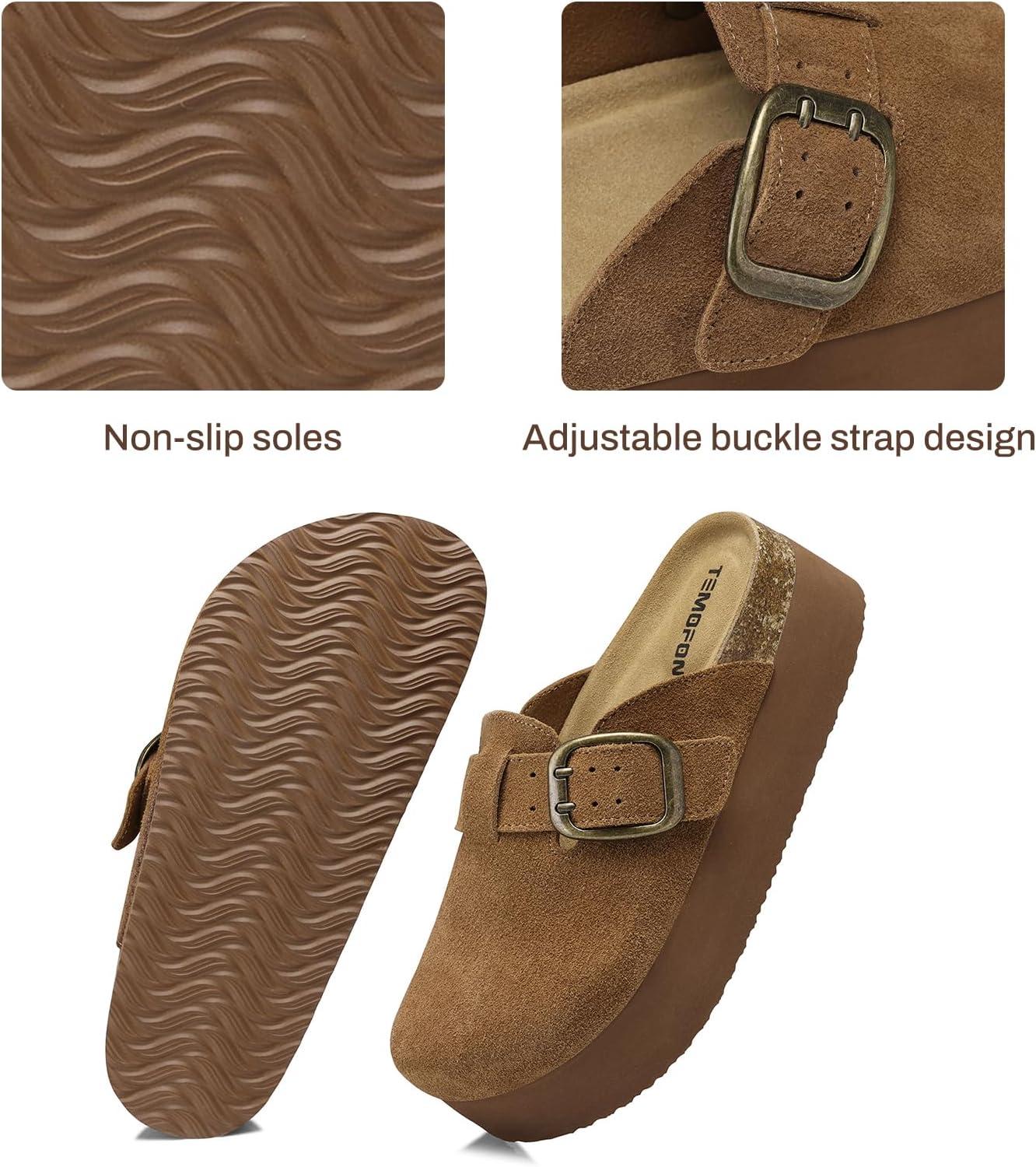 image:imageTEMOFON Genuine Suede Clogs for Women Comfortable Leather Platform Mules amp Clogs for Women Footwear Cork Footbed Closed Toe Sandals Potato Shoes84darkbrown