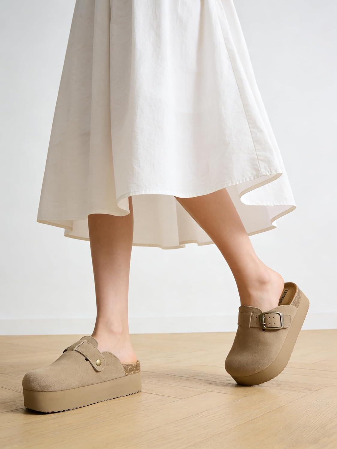 image:imageTEMOFON Genuine Suede Clogs for Women Comfortable Leather Platform Mules amp Clogs for Women Footwear Cork Footbed Closed Toe Sandals Potato Shoes84khaki