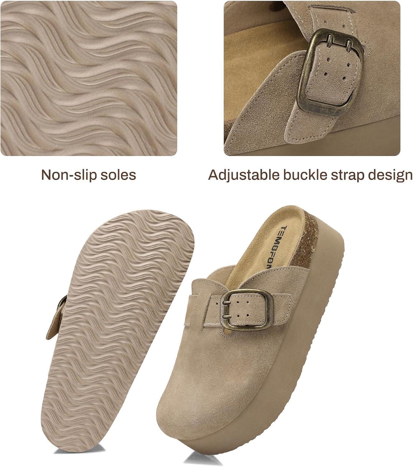 image:imageTEMOFON Genuine Suede Clogs for Women Comfortable Leather Platform Mules amp Clogs for Women Footwear Cork Footbed Closed Toe Sandals Potato Shoes84khaki