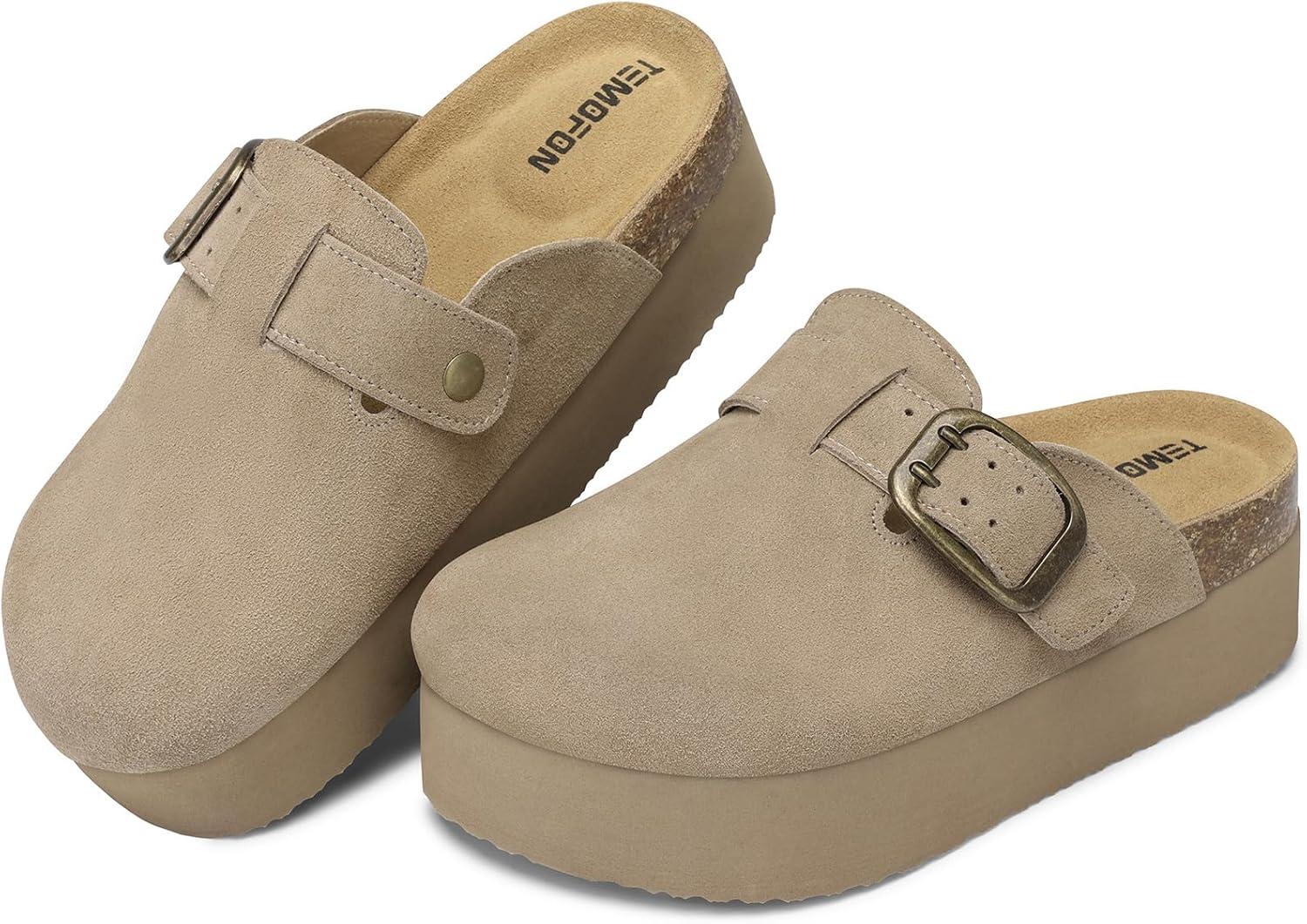 image:imageTEMOFON Genuine Suede Clogs for Women Comfortable Leather Platform Mules amp Clogs for Women Footwear Cork Footbed Closed Toe Sandals Potato Shoes84khaki