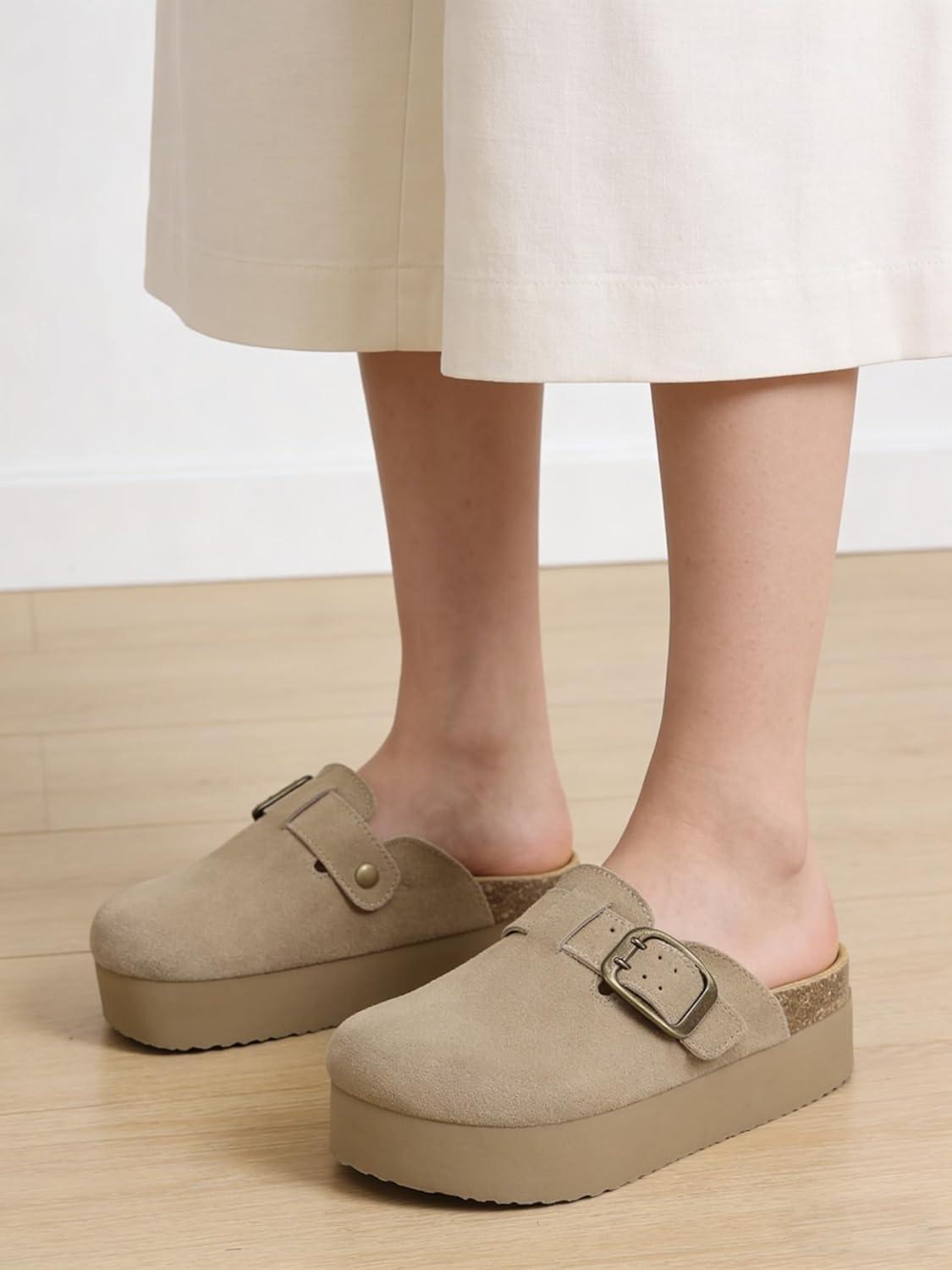 image:imageTEMOFON Genuine Suede Clogs for Women Comfortable Leather Platform Mules amp Clogs for Women Footwear Cork Footbed Closed Toe Sandals Potato Shoes84khaki