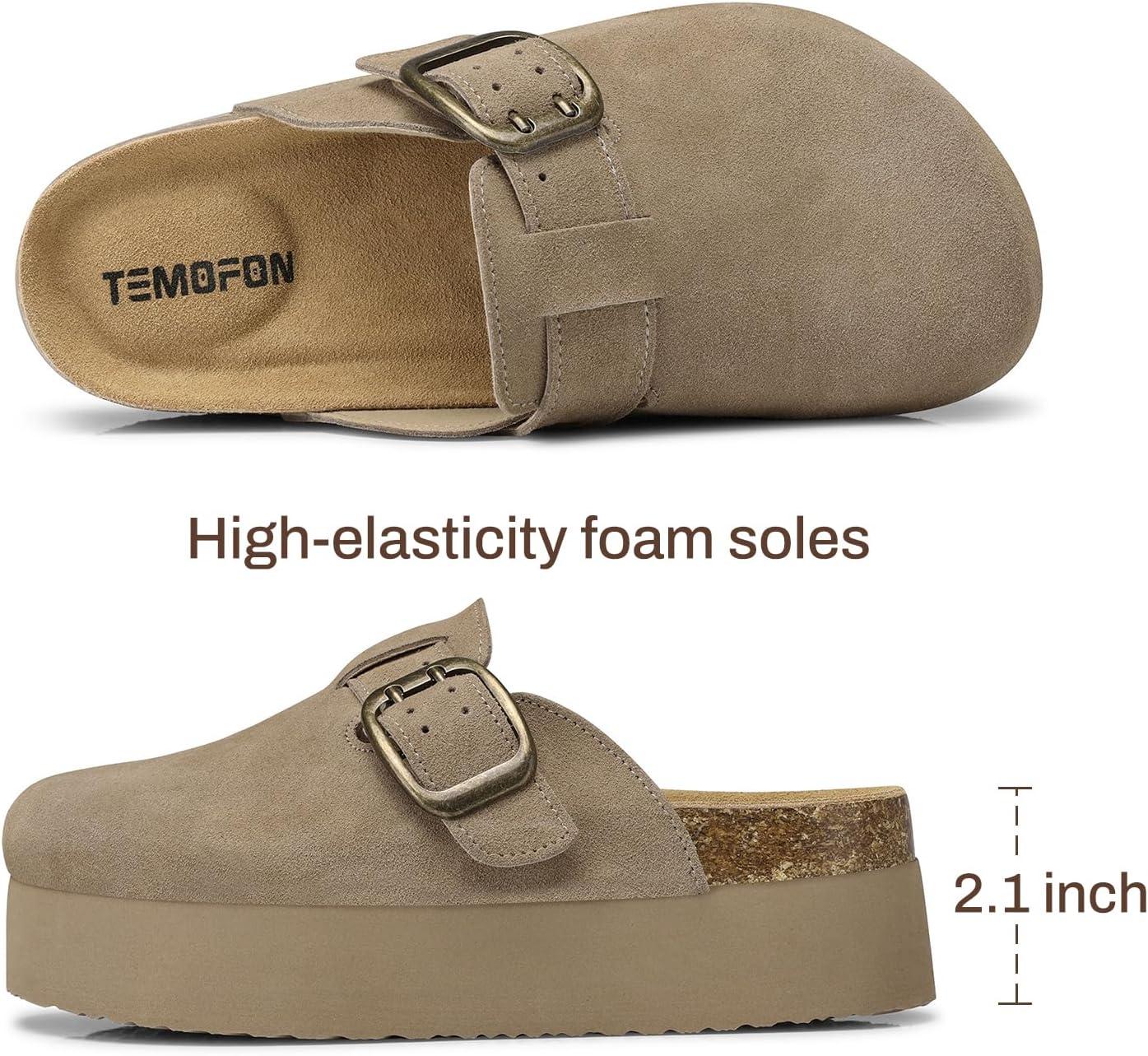 image:imageTEMOFON Genuine Suede Clogs for Women Comfortable Leather Platform Mules amp Clogs for Women Footwear Cork Footbed Closed Toe Sandals Potato Shoes84khaki