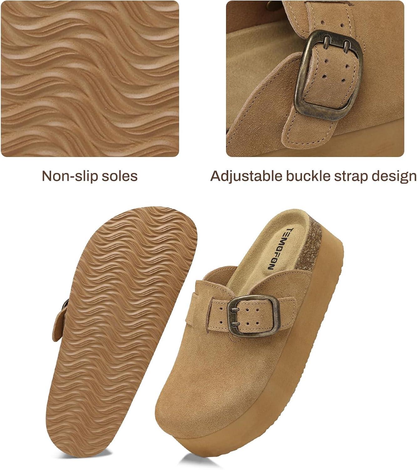 image:imageTEMOFON Genuine Suede Clogs for Women Comfortable Leather Platform Mules amp Clogs for Women Footwear Cork Footbed Closed Toe Sandals Potato Shoes84lightbrown
