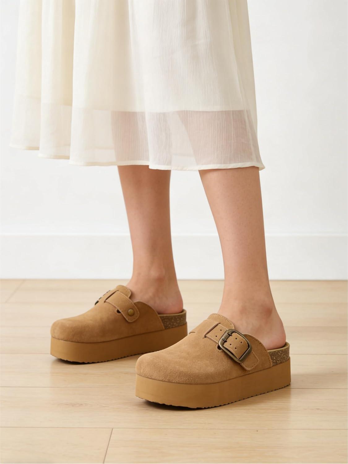 image:imageTEMOFON Genuine Suede Clogs for Women Comfortable Leather Platform Mules amp Clogs for Women Footwear Cork Footbed Closed Toe Sandals Potato Shoes84lightbrown