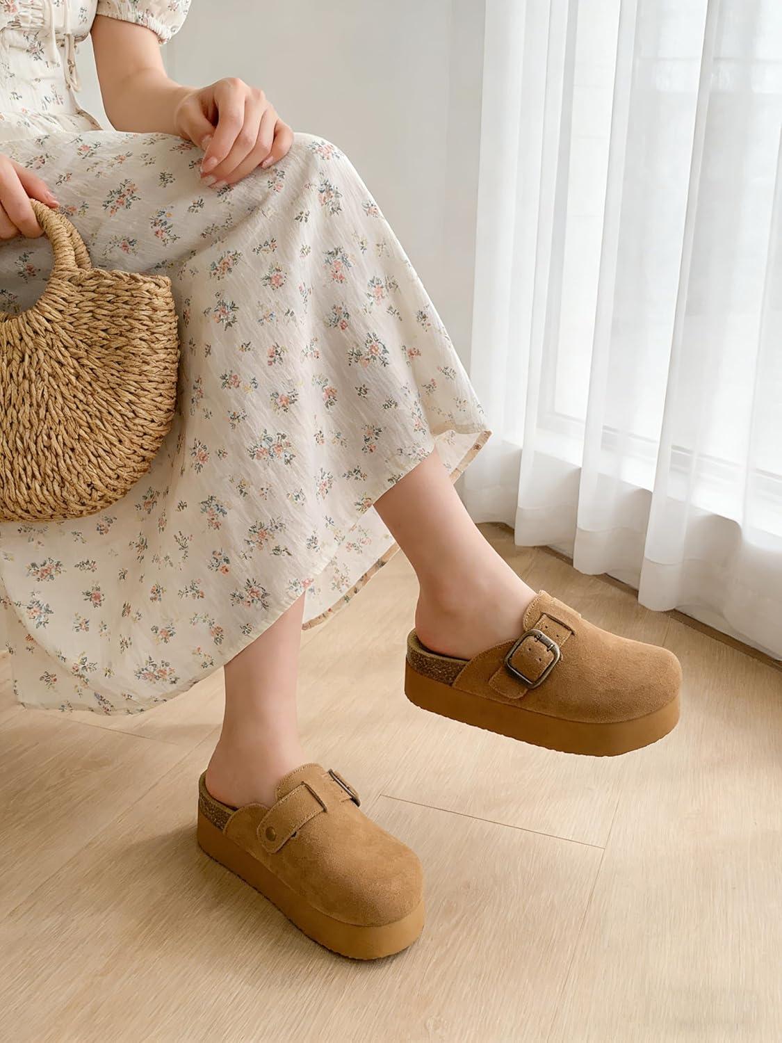 image:imageTEMOFON Genuine Suede Clogs for Women Comfortable Leather Platform Mules amp Clogs for Women Footwear Cork Footbed Closed Toe Sandals Potato Shoes84lightbrown