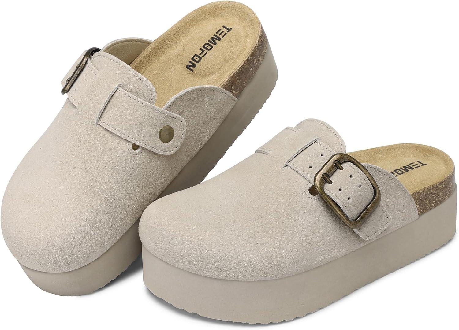 image:imageTEMOFON Genuine Suede Clogs for Women Comfortable Leather Platform Mules amp Clogs for Women Footwear Cork Footbed Closed Toe Sandals Potato Shoes84lightgray
