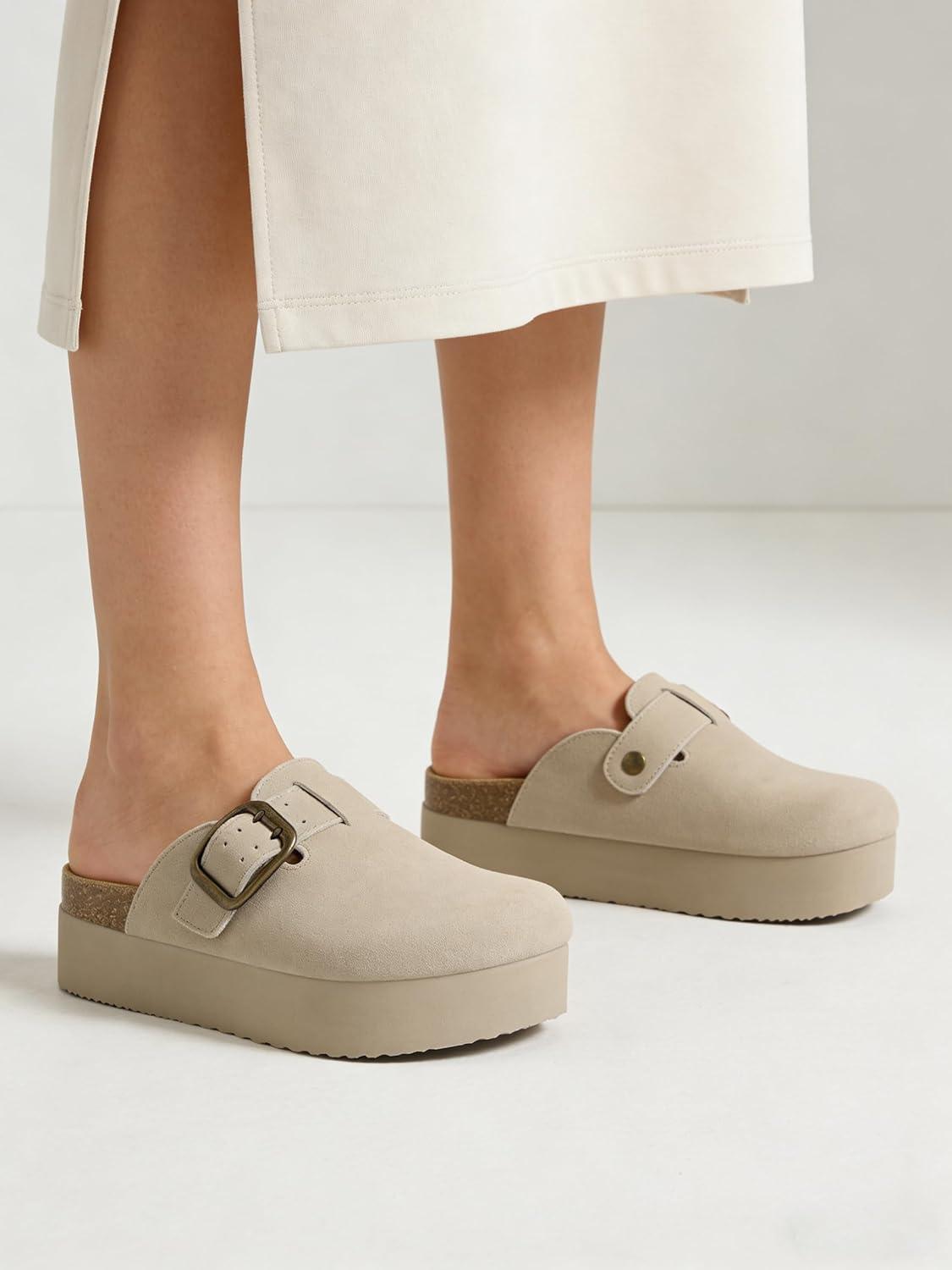 image:imageTEMOFON Genuine Suede Clogs for Women Comfortable Leather Platform Mules amp Clogs for Women Footwear Cork Footbed Closed Toe Sandals Potato Shoes84lightgray