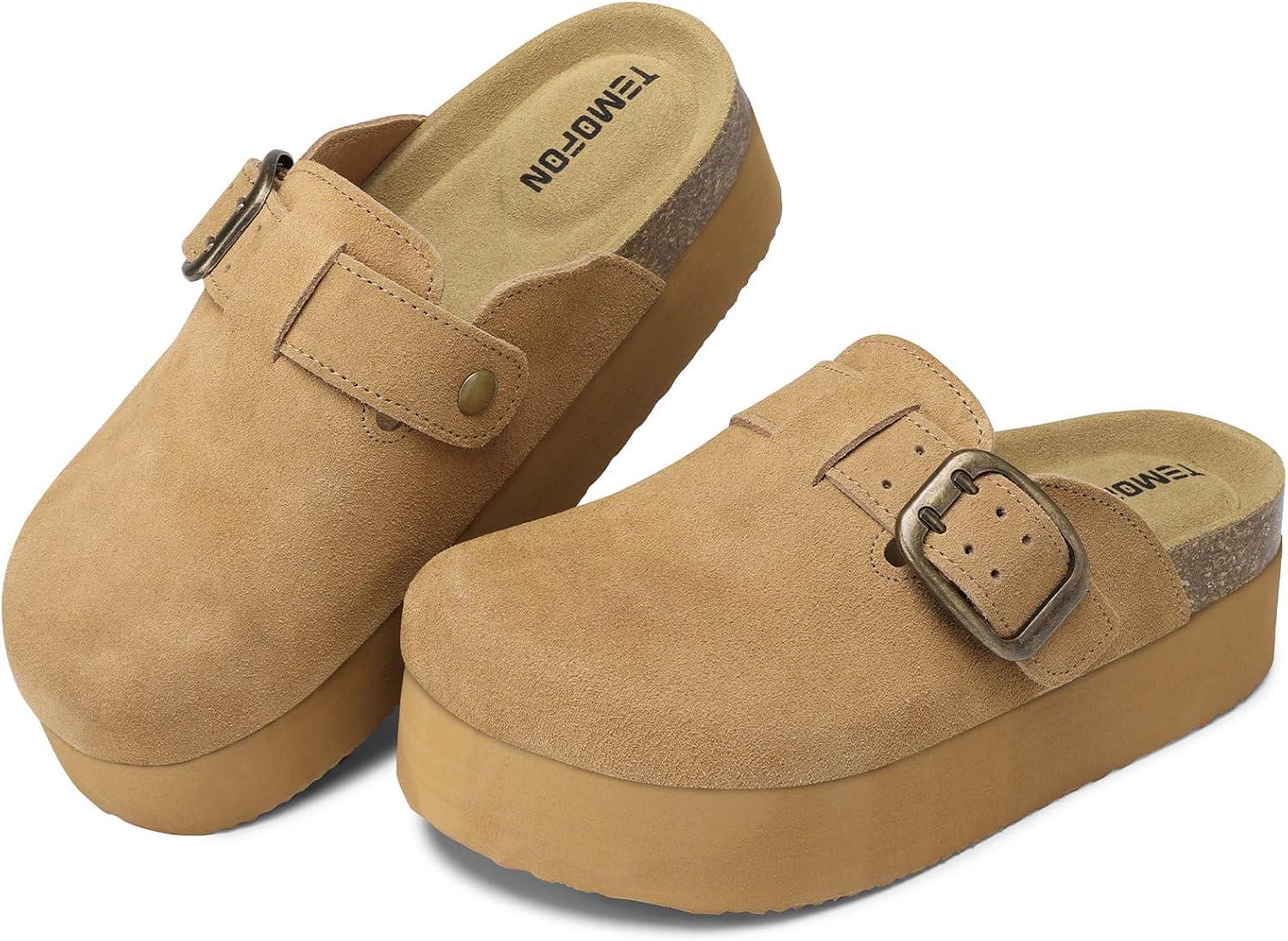 image:imageTEMOFON Genuine Suede Clogs for Women Comfortable Leather Platform Mules amp Clogs for Women Footwear Cork Footbed Closed Toe Sandals Potato Shoes84lightbrown
