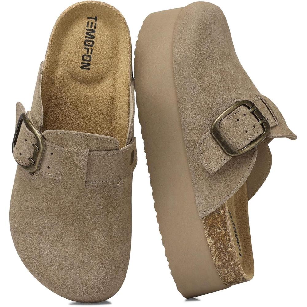 image:imageTEMOFON Genuine Suede Clogs for Women Comfortable Leather Platform Mules amp Clogs for Women Footwear Cork Footbed Closed Toe Sandals Potato Shoes84khaki